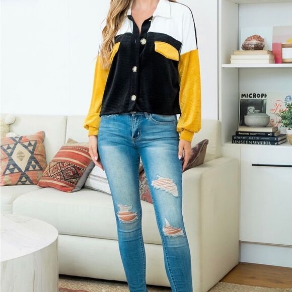 NEW ITEM !! COLOR BLOCK BUTTON DOWN VELVET TOP- BLACK-IVORY-MUSTARD! SO CUTE - Picture 2 of 6